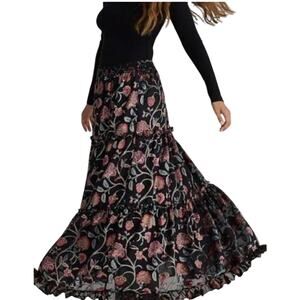 Talisman Mantra Floral Velvet High Rise Tiered A-Line Maxi Boho Skirt Size M